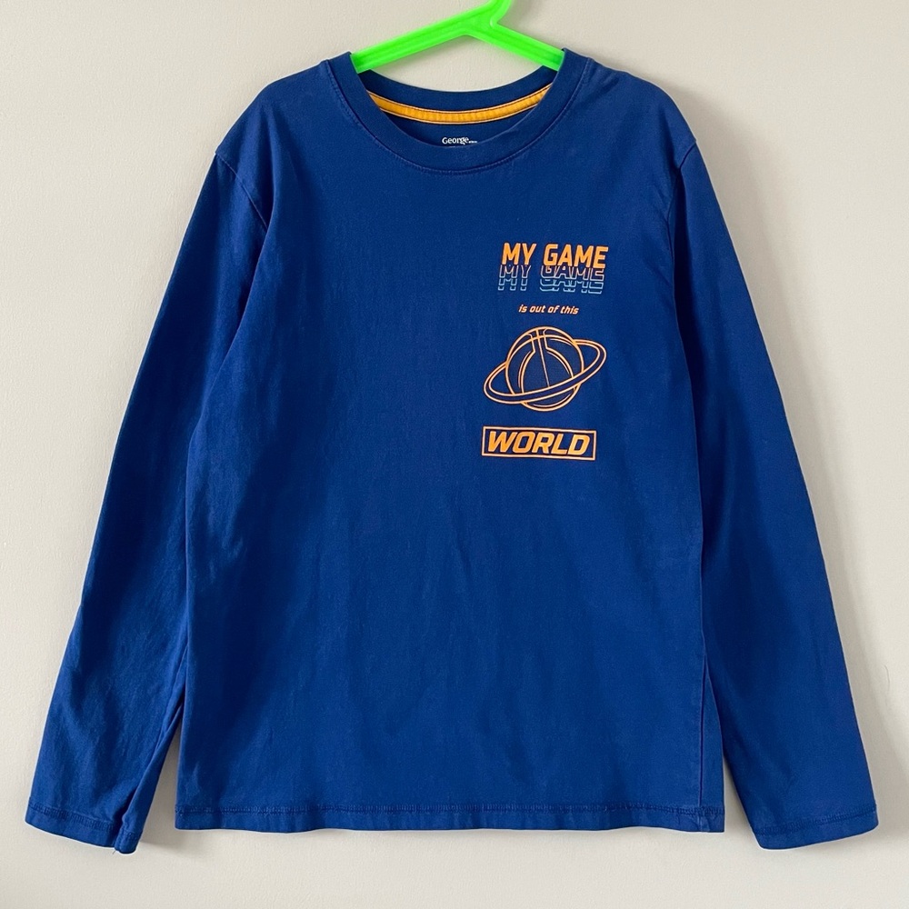 Boys Printed Basketball Long Sleeve T-Shirt - 100% Cotton - Blue & Orange